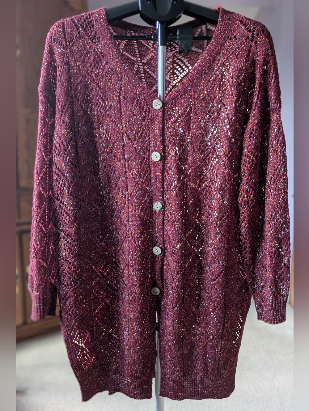 Womens Burgundy Open-Knit Button Cardigan Sweater
